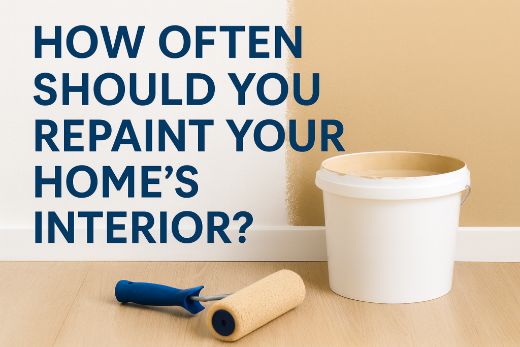 A freshly painted interior wall shows a clean division between white and beige paint. In front of the wall, a paint roller with a blue handle and a white bucket of paint sit on a wooden floor. Large blue text reads, “How often should you repaint your home’s interior?