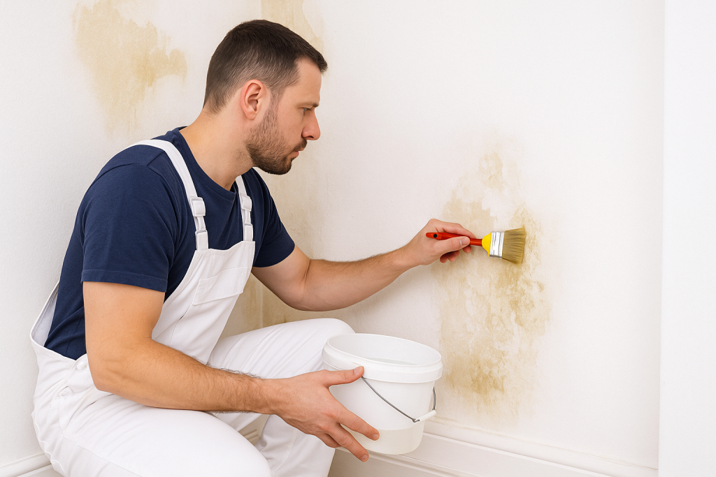 A professional painter in white overalls treating a damp, discoloured wall with a brush and bucket in hand. The man is working carefully on a stained interior wall, preparing it for repainting. Natural light highlights the moisture damage and peeling areas, illustrating the process of dealing with damp walls before applying new paint in a Colchester home.