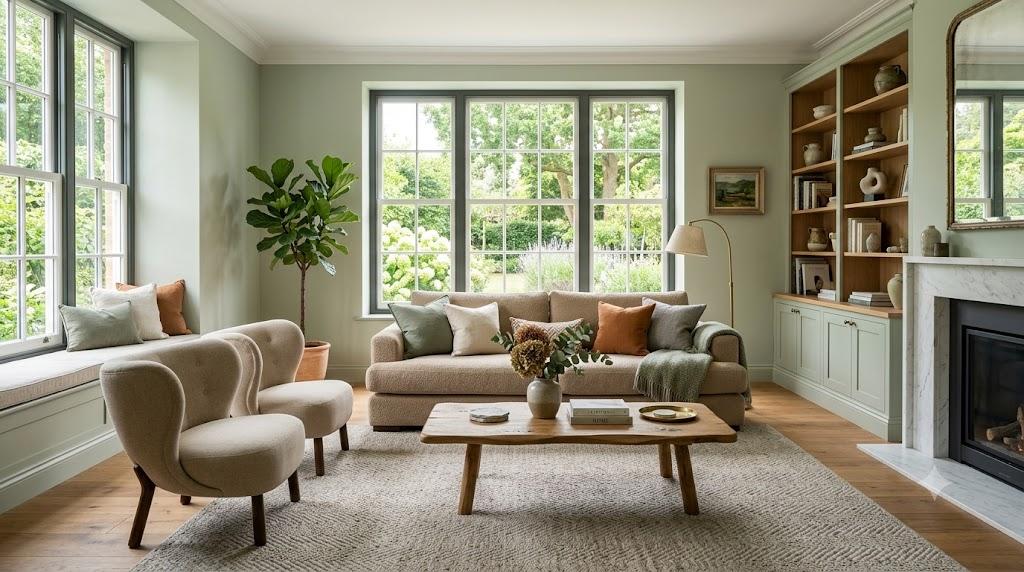 Modern living room with professionally painted sage green walls creating a calm atmosphere.