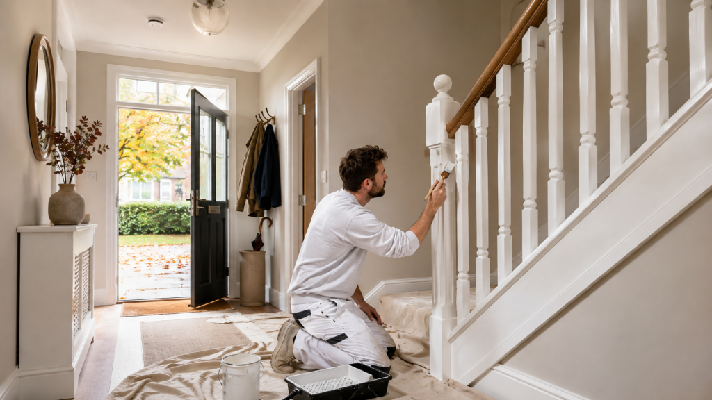 Professional painter decorating a hallway and staircase in a Colchester home during autumn.