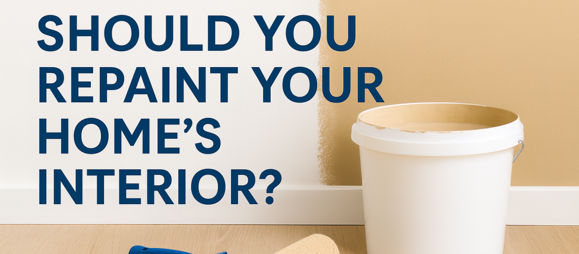 A freshly painted interior wall shows a clean division between white and beige paint. In front of the wall, a paint roller with a blue handle and a white bucket of paint sit on a wooden floor. Large blue text reads, “How often should you repaint your home’s interior?